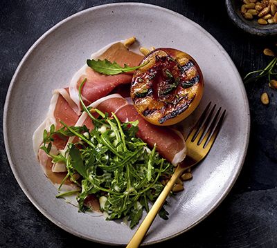 Prosciutto and Grilled Peaches with Coffee Mayo Dressing
