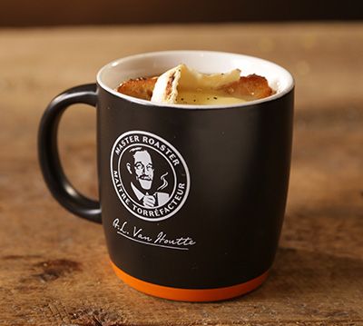 French onion soup with Brie in a mug
